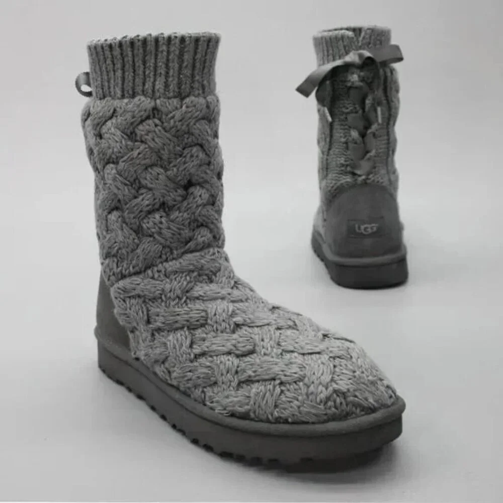 UGG Australia Isla Gray Cable‎ Knit Winter Boots Ribbon Lace Tie Women’s Size 7